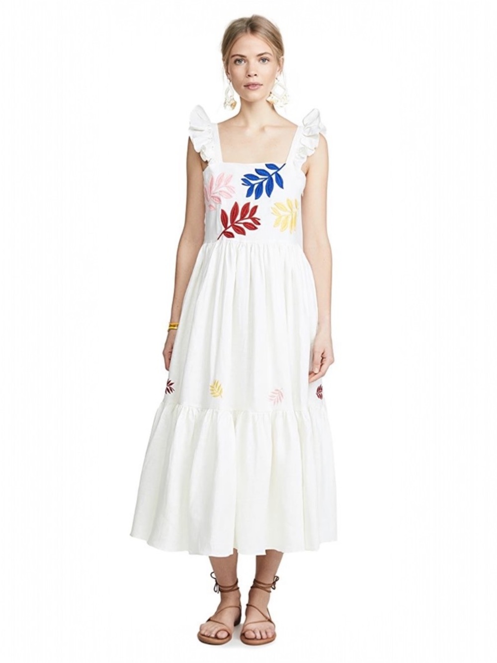 Carolina K Nika Ruffle Midi Dress in white, featuring colorful leaf embroidery